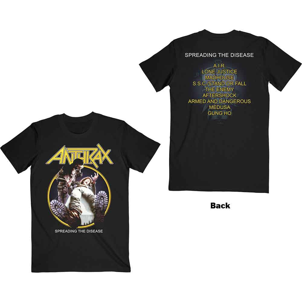 Black Anthrax t-shirt with album art, worn by a man with tattoos.