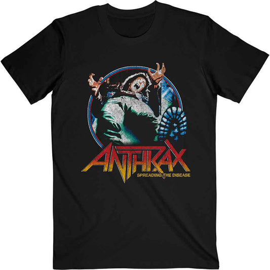 Black t-shirt with Anthrax band logo and spreading disease imagery.
