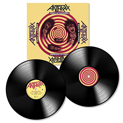 "Yellow album cover with red spiral and screaming faces, titled 'Anthrax - State of Euphoria'."