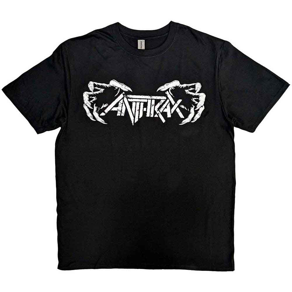Man wearing a black Anthrax t-shirt with skeletal hand graphic.