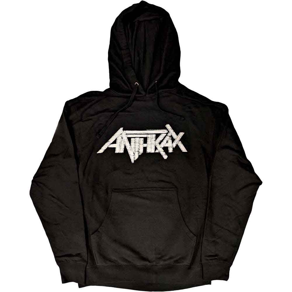 Black unisex pullover hoodie featuring the Anthrax band logo on the front.