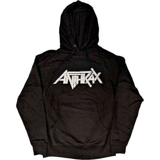 Black unisex pullover hoodie featuring the Anthrax band logo on the front.