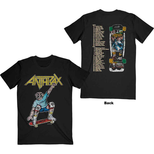 Black t-shirt with a vintage-style graphic of a skater and band logo.