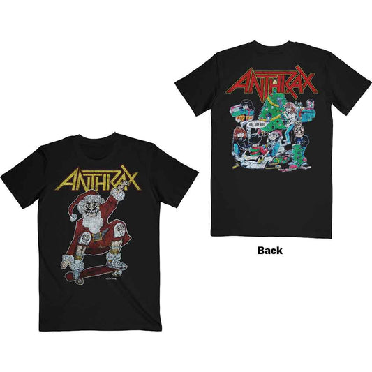 Black t-shirt with Anthrax band logo featuring a skateboarding Santa Claus.