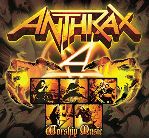 Anthrax album cover, “Worship Music,” featuring band members and clawed hands.