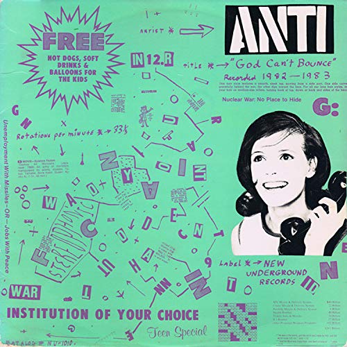 Green album cover with text, doodles, and a portrait of a smiling woman.