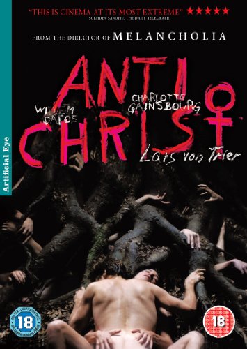 Antichrist" DVD cover with distressed red text and intertwined figures.