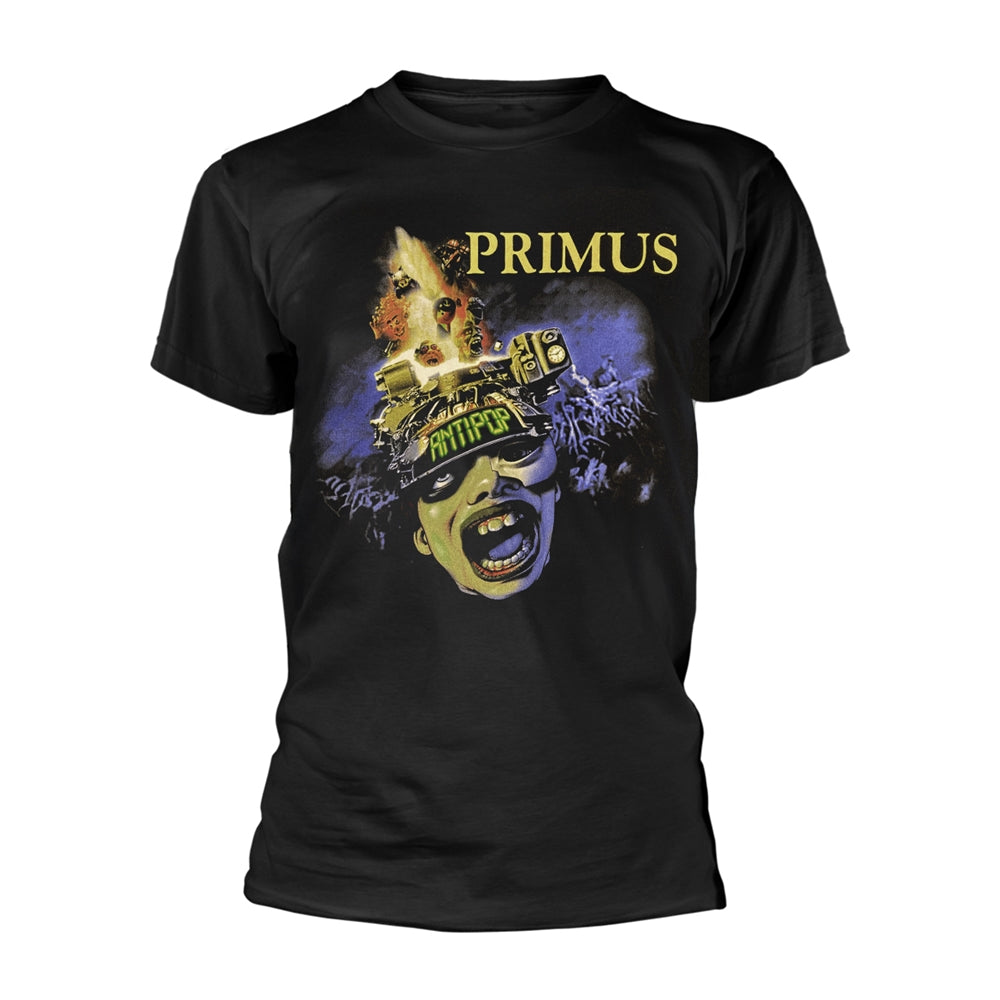 Black t-shirt with a colorful, surreal graphic print of a face and cityscape.