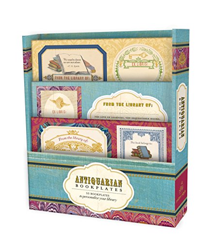 Box of vintage-style bookplates with ornate designs and text.