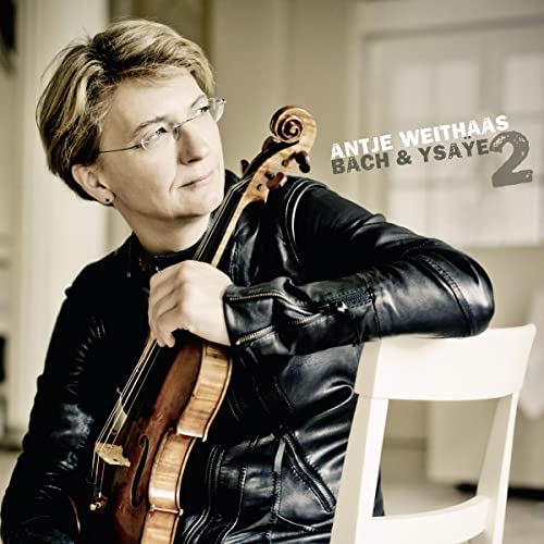 Violinist Antje Weithaas with her instrument, album cover for Bach & Ysaye Vol. 2.