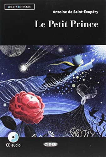 Book cover for Le Petit Prince featuring the prince flying through a starry sky.