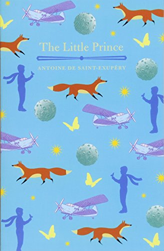 Book cover for "The Little Prince" with foxes, planes, and planets.