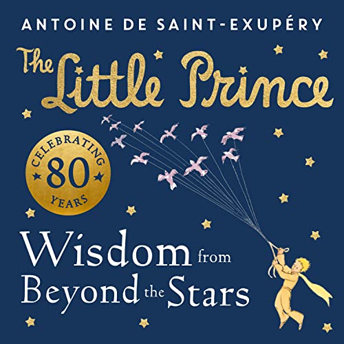 Book cover: "The Little Prince" with stars, birds, and a boy.