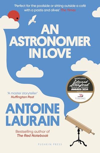 Book cover titled An Astronomer in Love by Antoine Laurain featuring a telescope and clouds.
