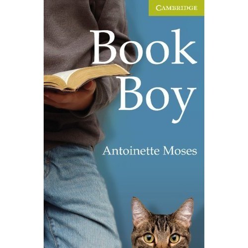 Book cover with a person holding a book, a cat, and blue background.