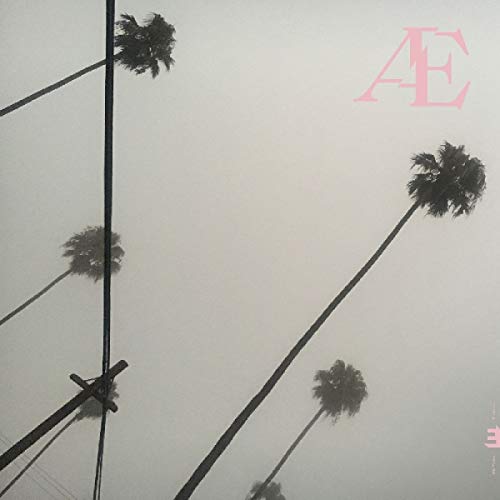 "Album cover with palm trees in fog, pink 'AE' logo in top right corner."