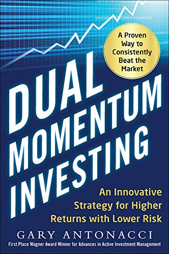 Book cover with bold blue text "Dual Momentum Investing" and a rising graph.