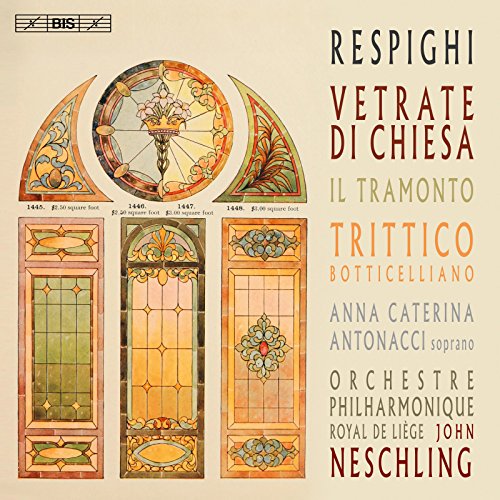 CD cover featuring stained glass window designs and text listing Respighi, performers, and works.