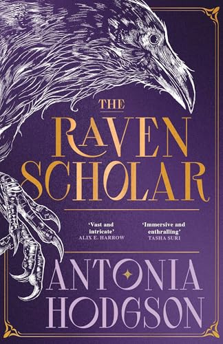 Book cover: "The Raven Scholar" with a detailed raven illustration.