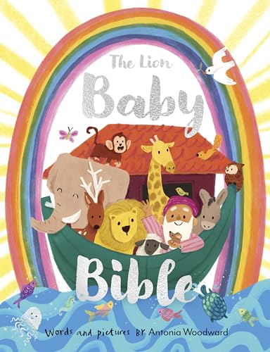 Colorful illustration of Noah’s Ark with animals under a rainbow.