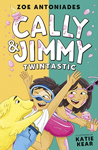 Book cover: two girls and a dog, colorful, illustrated, titled "Cally and Jimmy: Twintastic".