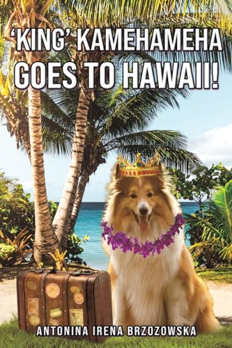 Dog wearing a crown and lei, with palm trees and ocean backdrop.