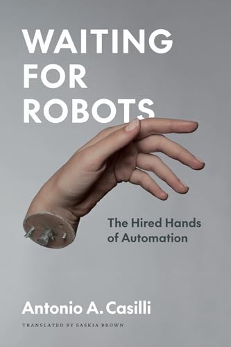 Book cover: hand merging with robotic prosthetic, titled "Waiting for Robots".