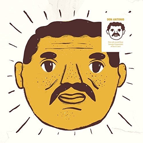 Yellow illustration of a man’s face with a mustache and radiating lines.
