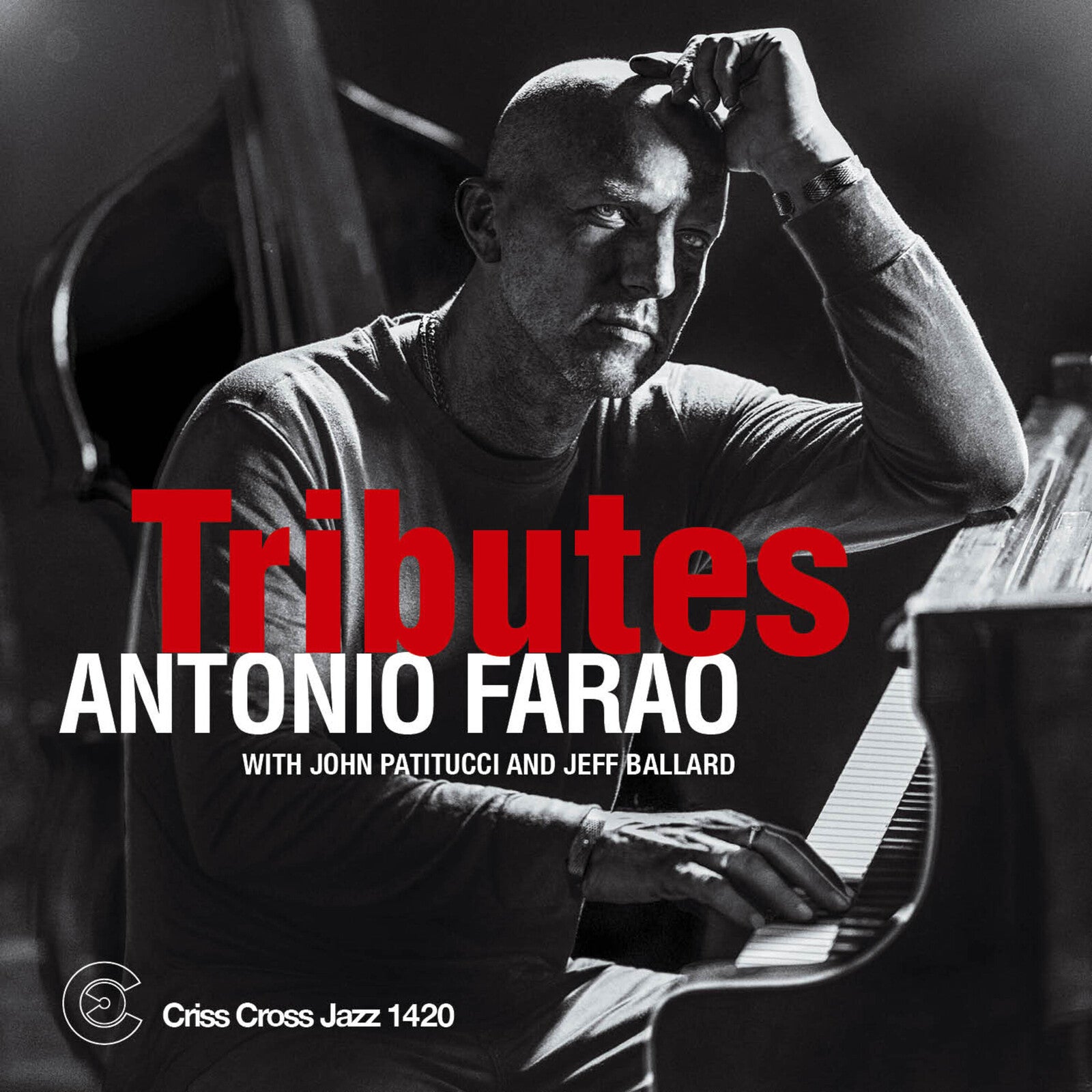 Black and white portrait of Antonio Farao playing piano with text overlay.