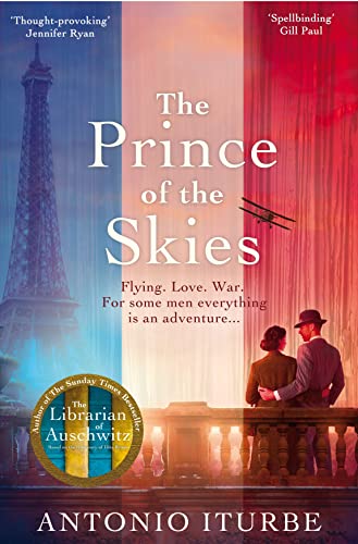 Book cover: couple with Eiffel Tower, airplane, and red/blue split background.