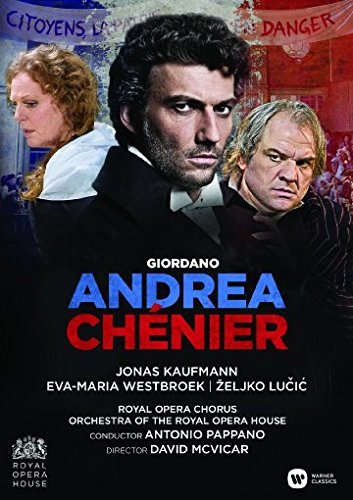 Andrea Chenier DVD cover featuring three opera performers against a red and blue background.