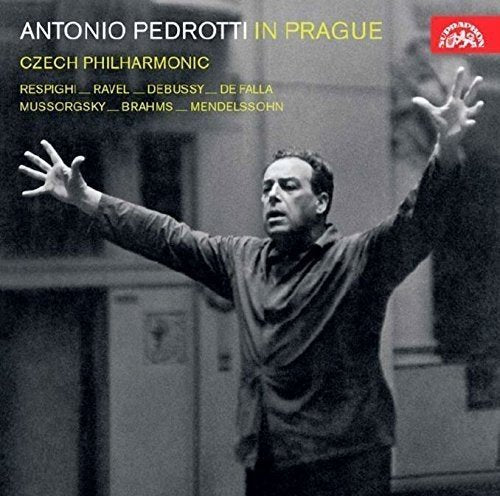 Black and white photo of conductor Antonio Pedrotti with arms raised on a CD cover.
