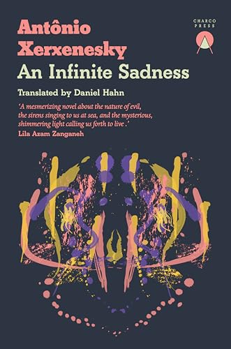 Book cover for An Infinite Sadness with pink, yellow, and purple abstract ink splatters.