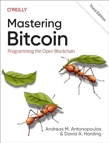 Book cover for Mastering Bitcoin showing two ants carrying leaves on a white background.