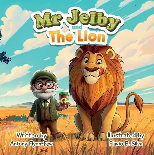 Book cover: man with lion, holding jam in a field.