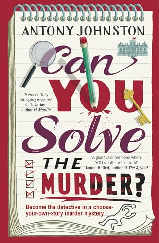 Book cover: "Can You Solve the Murder?" with magnifying glass and key.