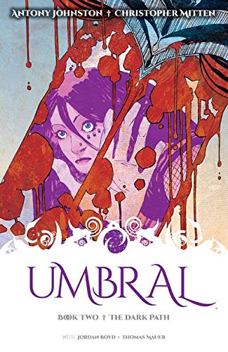 Comic book cover: woman’s face amidst red splatters and abstract shapes.