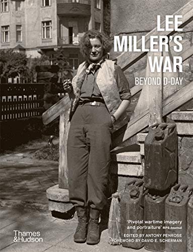 Black and white book cover featuring Lee Miller standing outdoors in military-style clothing.