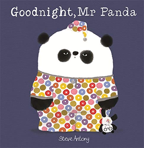 A panda wearing donut-patterned pajamas and a matching nightcap on a purple background.