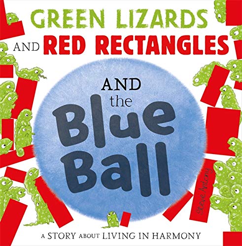 Book cover with green lizards, red rectangles, and a blue ball.