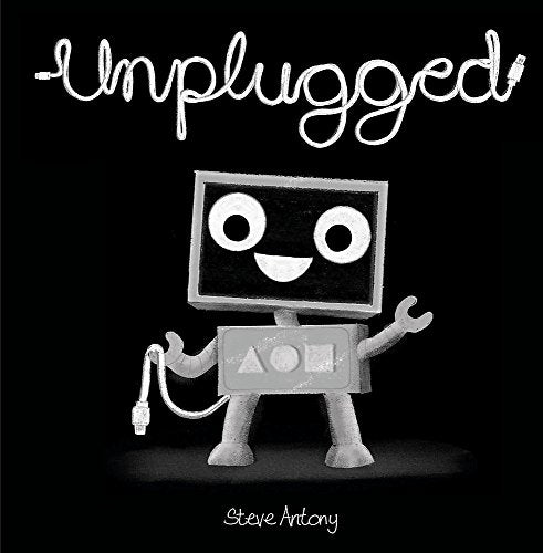 A smiling robot holds a power cord on a black background with white text.