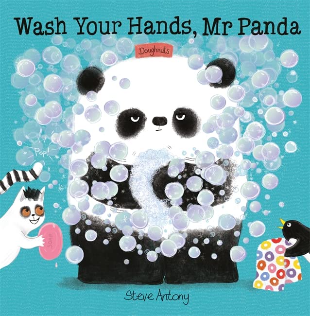 Panda in bubbles with a cat and bird, book cover illustration.