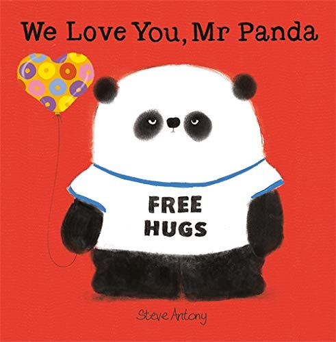Red cover with a panda wearing a "Free Hugs" shirt and a balloon.