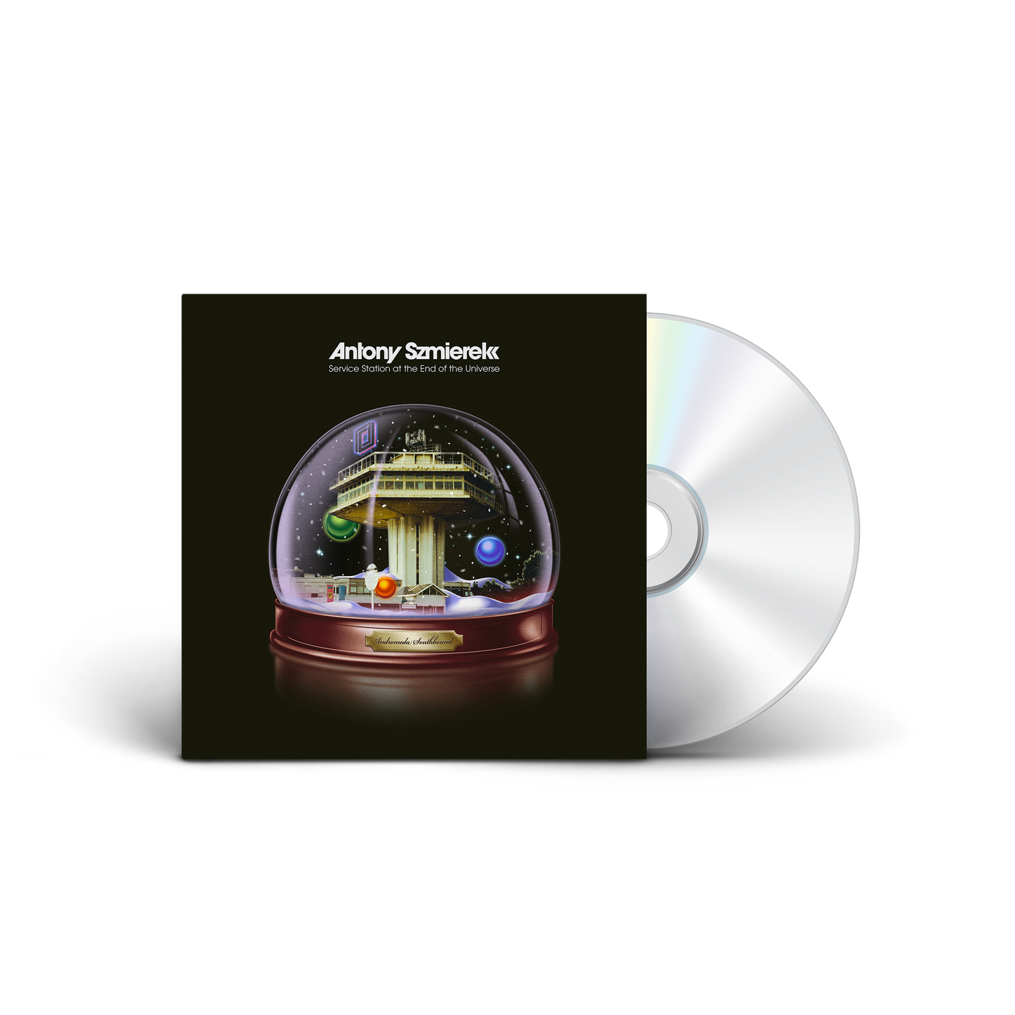 CD case with a snow globe image featuring a futuristic building inside.