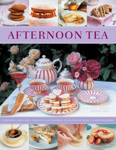 Book cover featuring afternoon tea with cakes, sandwiches, and floral arrangements.