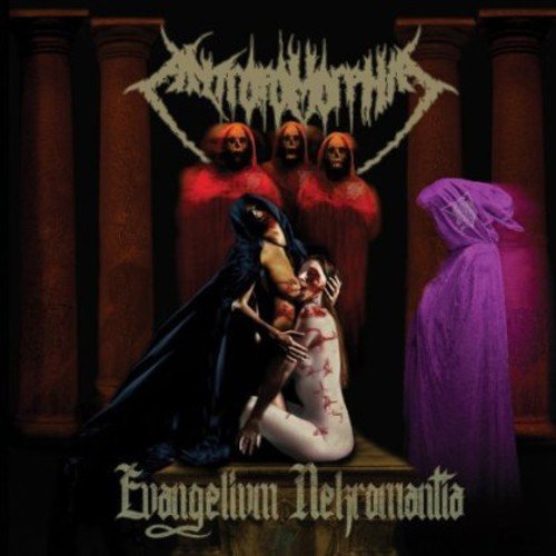 Dark album cover with hooded figures and a bloody woman in a crumbling temple.