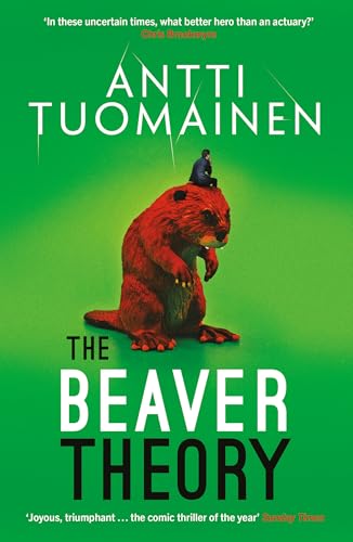 Book cover: green background, a man sits on a large, red beaver.