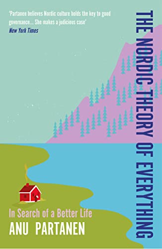 Book cover featuring a red cottage, blue water, and purple mountains with pine trees.