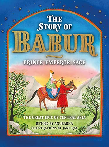 Book cover depicting Babur on horseback with mountains and trees.
