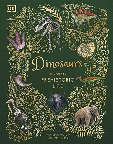 Book cover featuring gold botanical illustrations and various prehistoric animals on a dark green background.